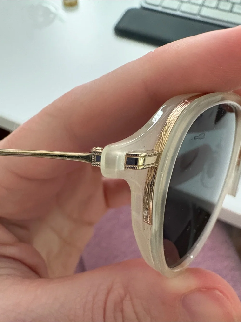 Eyevan Starburst ivory white sunglasses with custom grey lenses